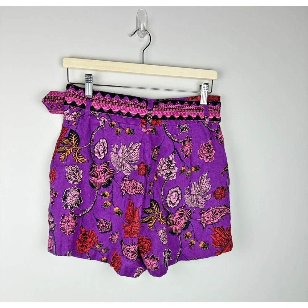 Nicole Miller New York Linen Shorts Womens 6 Purple Floral Print Belted Boho
